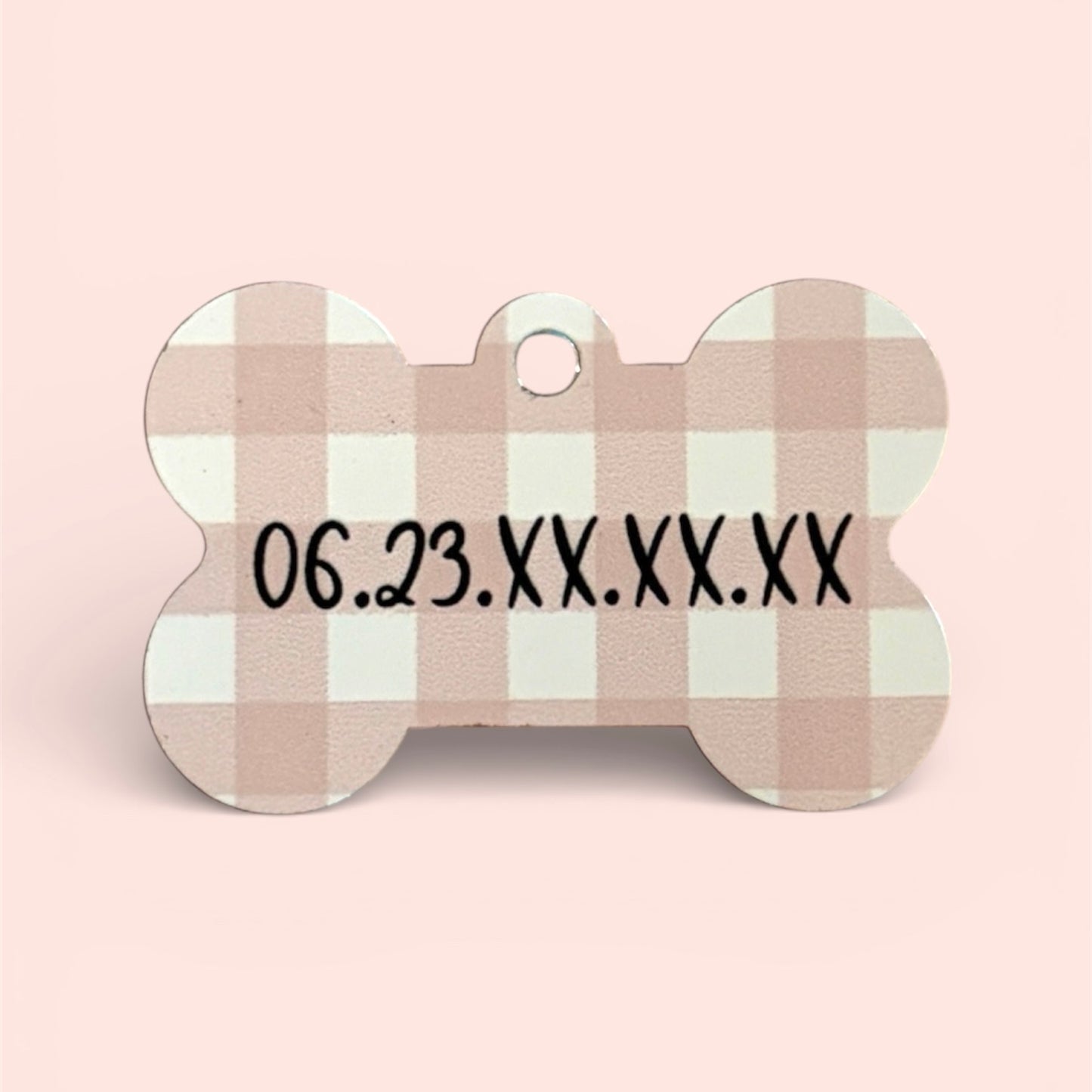Médaille personnalisée chien ou chat pour collier, fabriquée à Lyon, vichy rose, numéro de téléphone