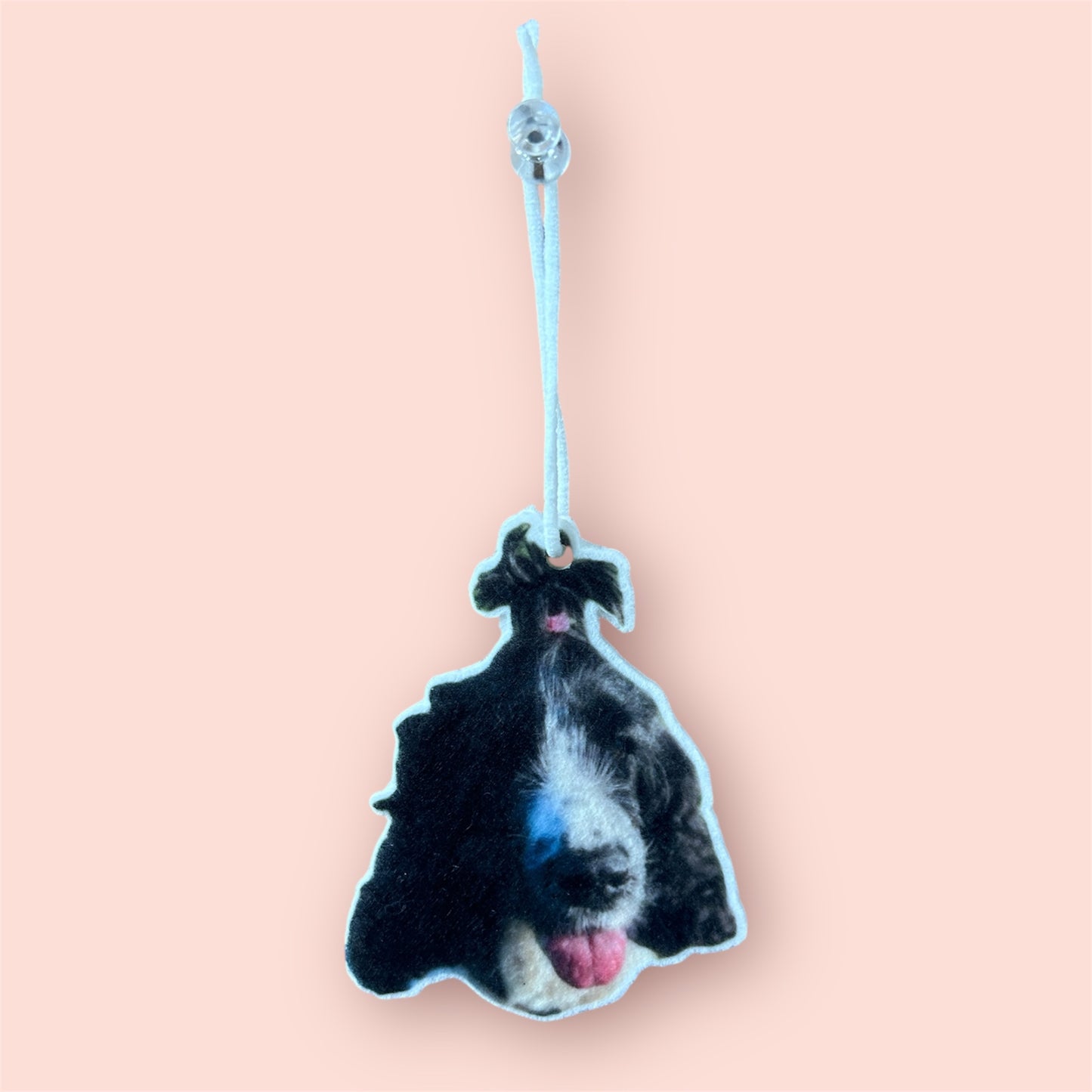 Désodorisant voiture personnalisé avec photo de chien ou chat, fabriqué à Lyon, cocker