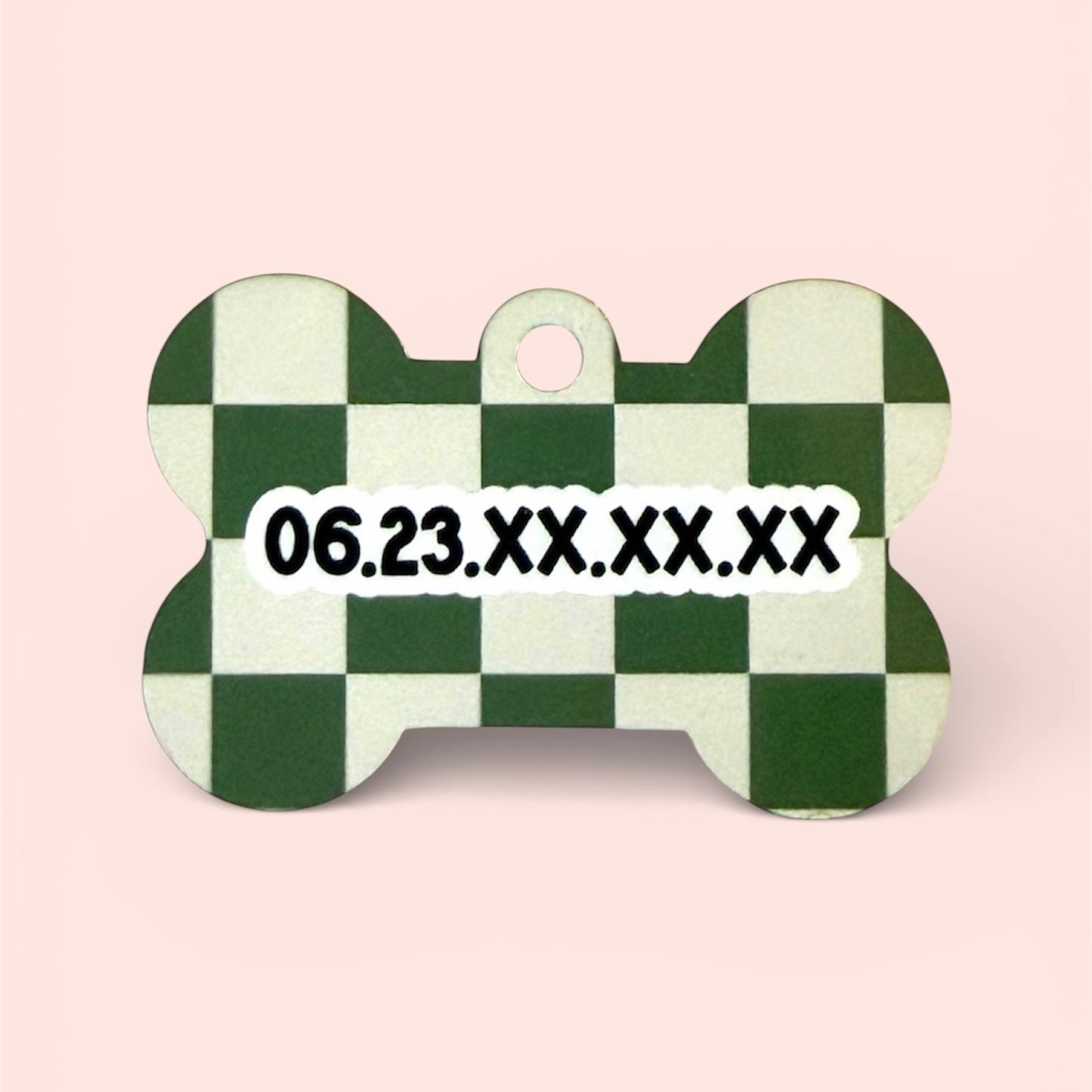 Médaille personnalisée chien ou chat pour collier, fabriquée à Lyon, damier vert, numéro de téléphone