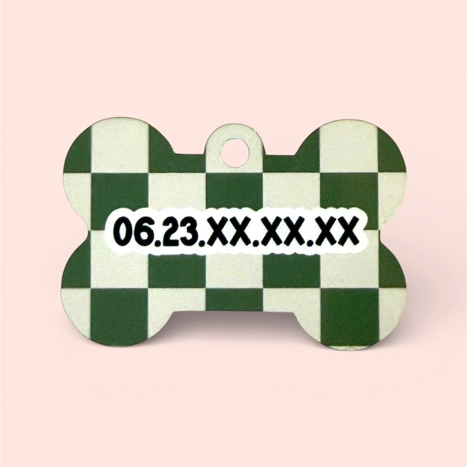 Médaille personnalisée chien ou chat pour collier, fabriquée à Lyon, damier vert, numéro de téléphone