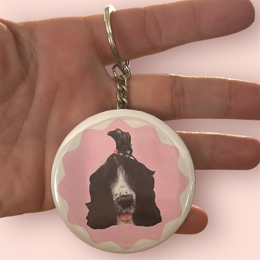 Porte-clé personnalisé avec photo de chien ou chat, fabriqué à Lyon, rose