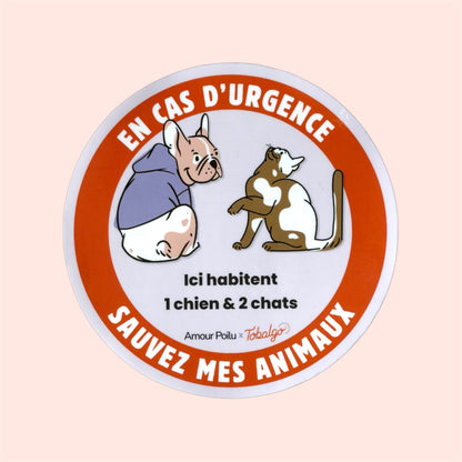 Sticker de porte urgence animaux En cas d'urgence sauvez mon animal, chien et chat, Amour Poilu x Tobalgo - 1 chien 2 chats