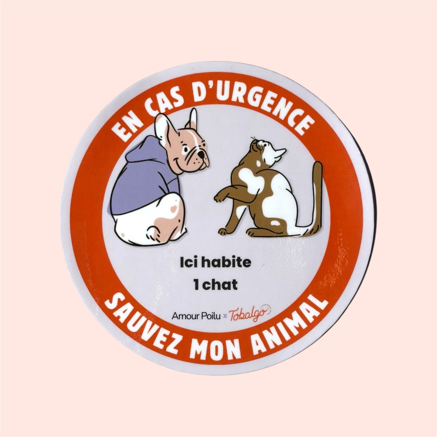 Sticker de porte urgence animaux En cas d'urgence sauvez mon animal, chien et chat, Amour Poilu x Tobalgo - 1 chat