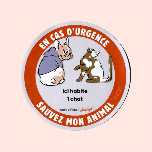 Sticker de porte urgence animaux En cas d'urgence sauvez mon animal, chien et chat, Amour Poilu x Tobalgo - 1 chat