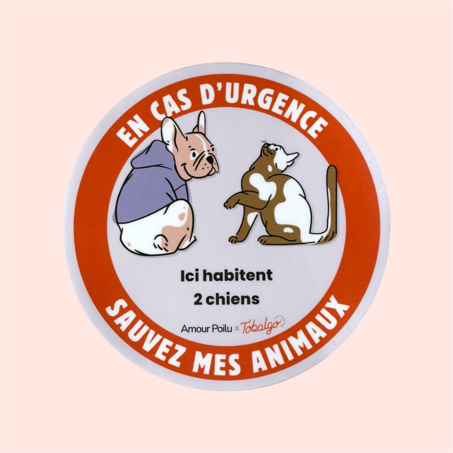 Sticker de porte urgence animaux En cas d'urgence sauvez mon animal, chien et chat, Amour Poilu x Tobalgo - 2 chiens