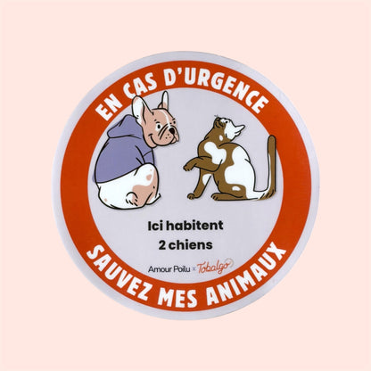 Sticker de porte urgence animaux En cas d'urgence sauvez mon animal, chien et chat, Amour Poilu x Tobalgo - 2 chiens